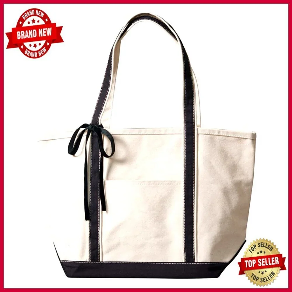 Large Canvas Tote Bag with Leather Handles, Exterior Pocket, Unlined